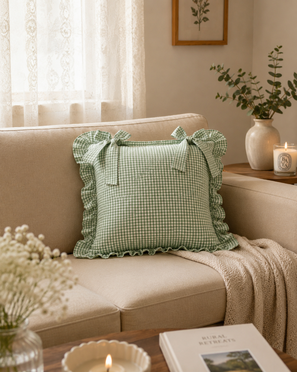 Green Gingham Frilled Cushion
