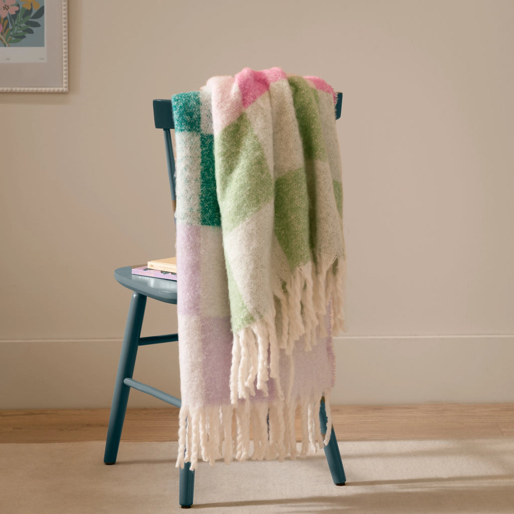 Checked Tasselled Throw Aqua Blossom