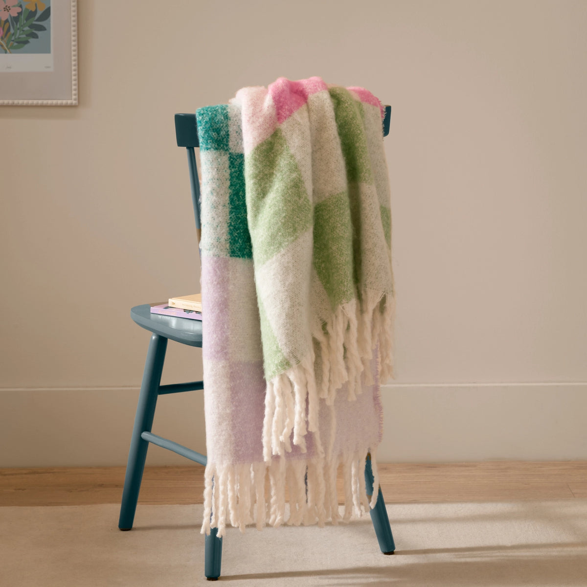 Checked Tasselled Throw Aqua Blossom