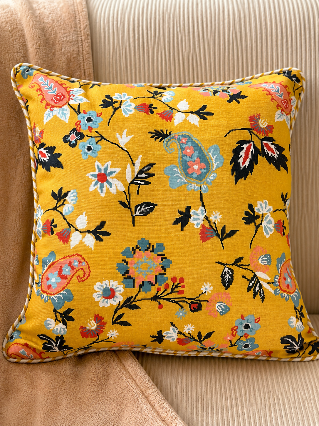 Mustard Floral Paisley Cotton Cushion Cover