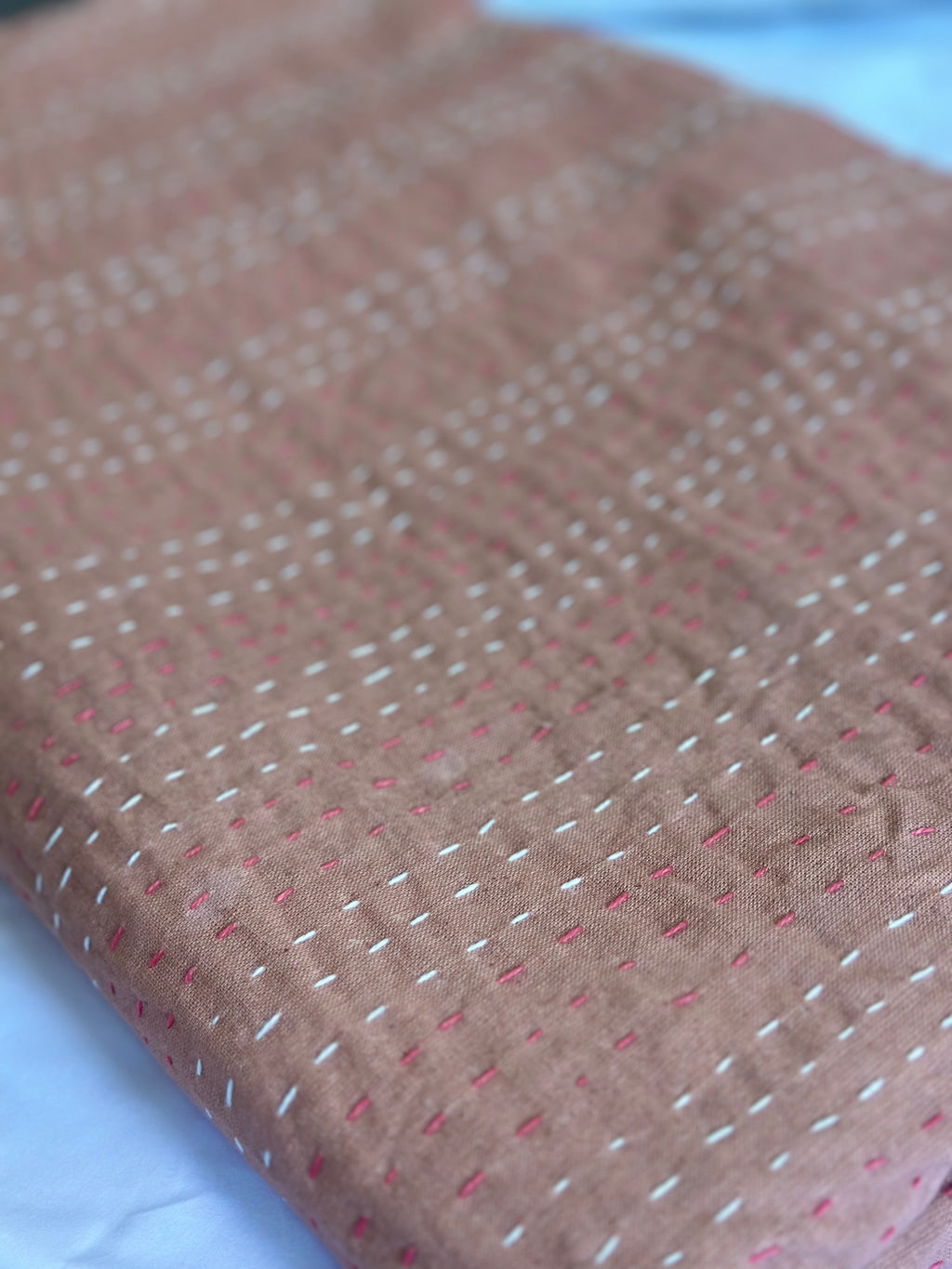 Kantha Stitch Pure Cotton Sofa or Bed throw King size Coral flower printed - Pastel