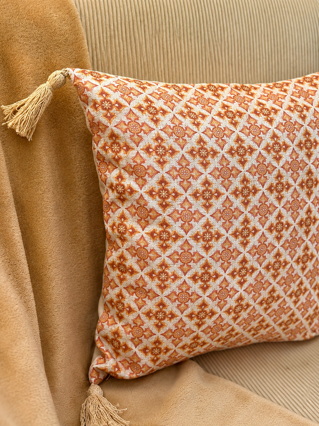 Peach toned Poly Linen Tassel Cushion Cover