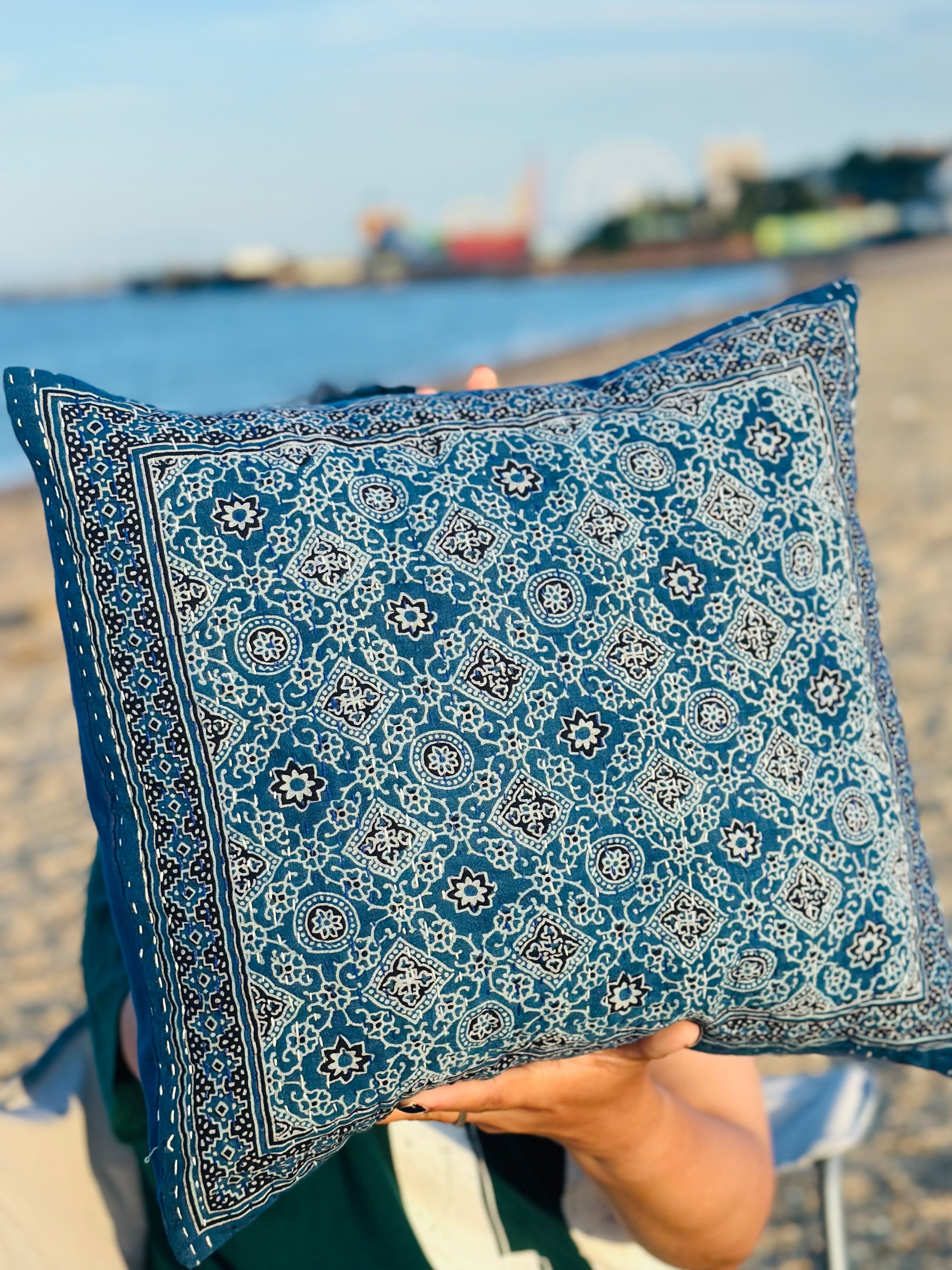 Handcrafted Kantha stitched Pure Cotton Cushion Cover - Bohemian