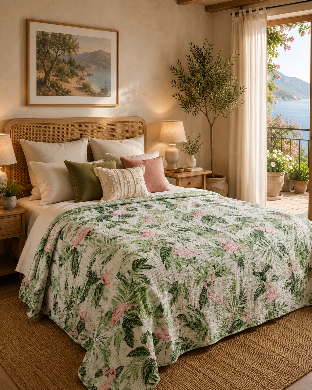 Kantha Stitched Pure Cotton Sofa or Bed Dohar - Flamingo Botanical Natural Print