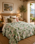 Kantha Stitched Pure Cotton Sofa or Bed Dohar - Flamingo Botanical Natural Print