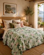 Kantha Stitched Pure Cotton Sofa or Bed Dohar - Flamingo Botanical Natural Print