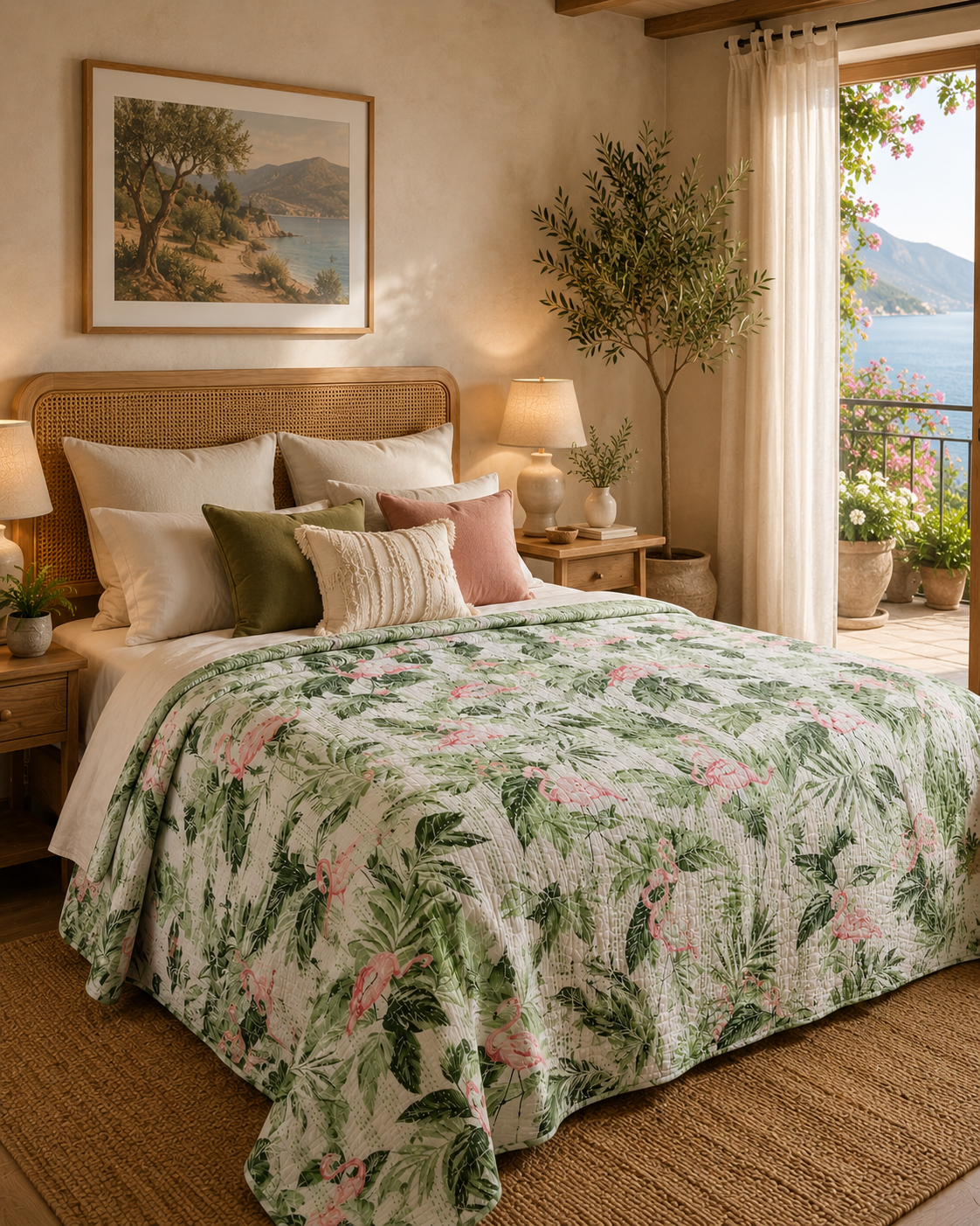 Kantha Stitched Pure Cotton Sofa or Bed Dohar - Flamingo Botanical Natural Print
