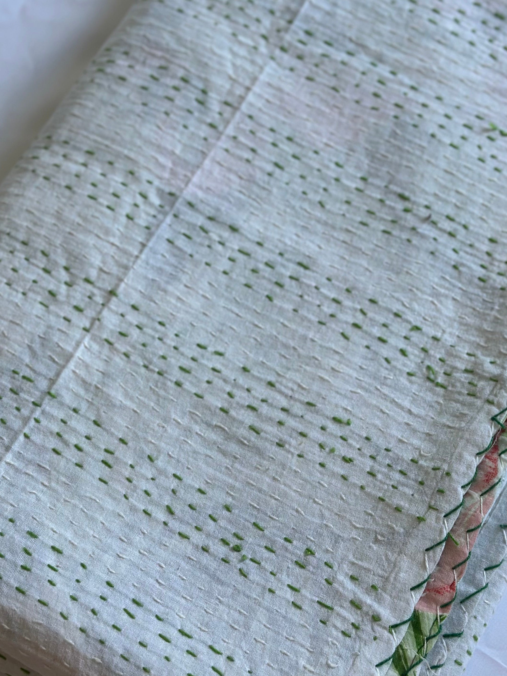 Kantha Stitched Pure Cotton Sofa or Bed Dohar - Flamingo Botanical Natural Print