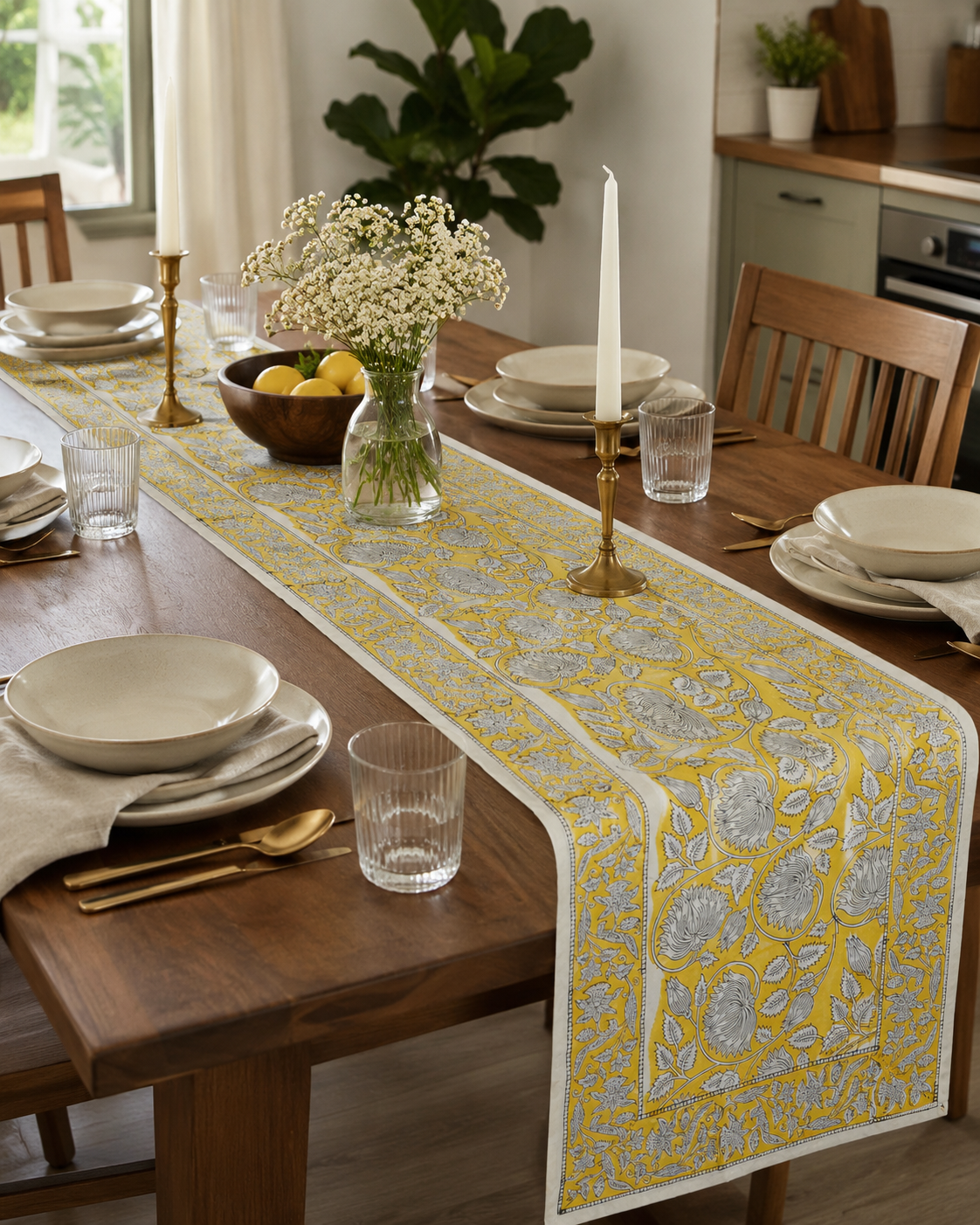 Handmade Jaipur Block Print Table Runner - Yellow