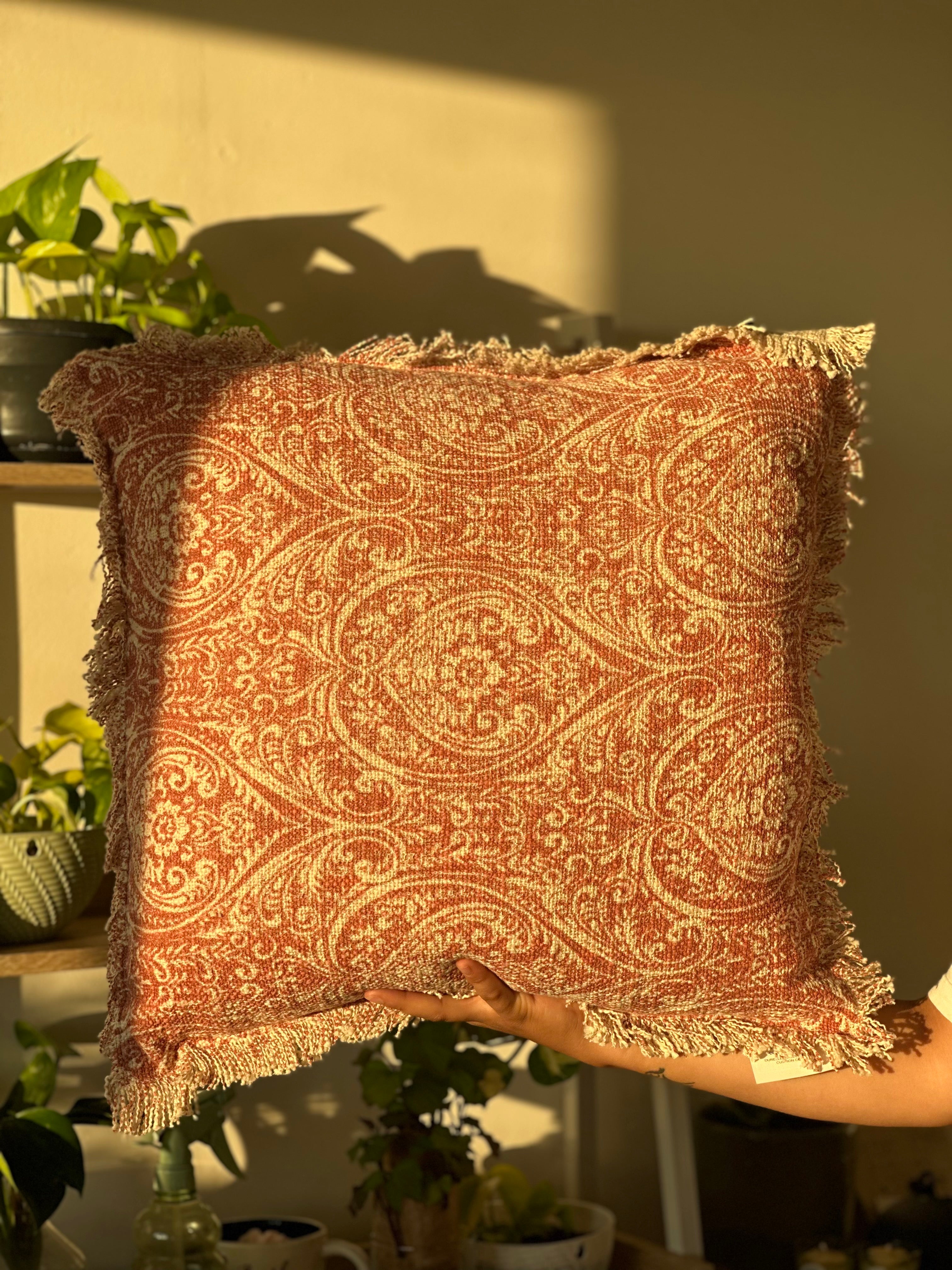 Durelle Damask Fringed Cushion Coral