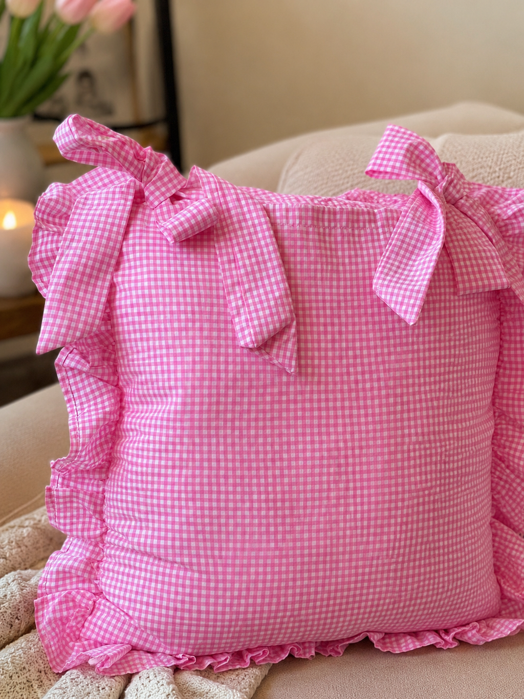 Pink Gingham Frilled Cushion