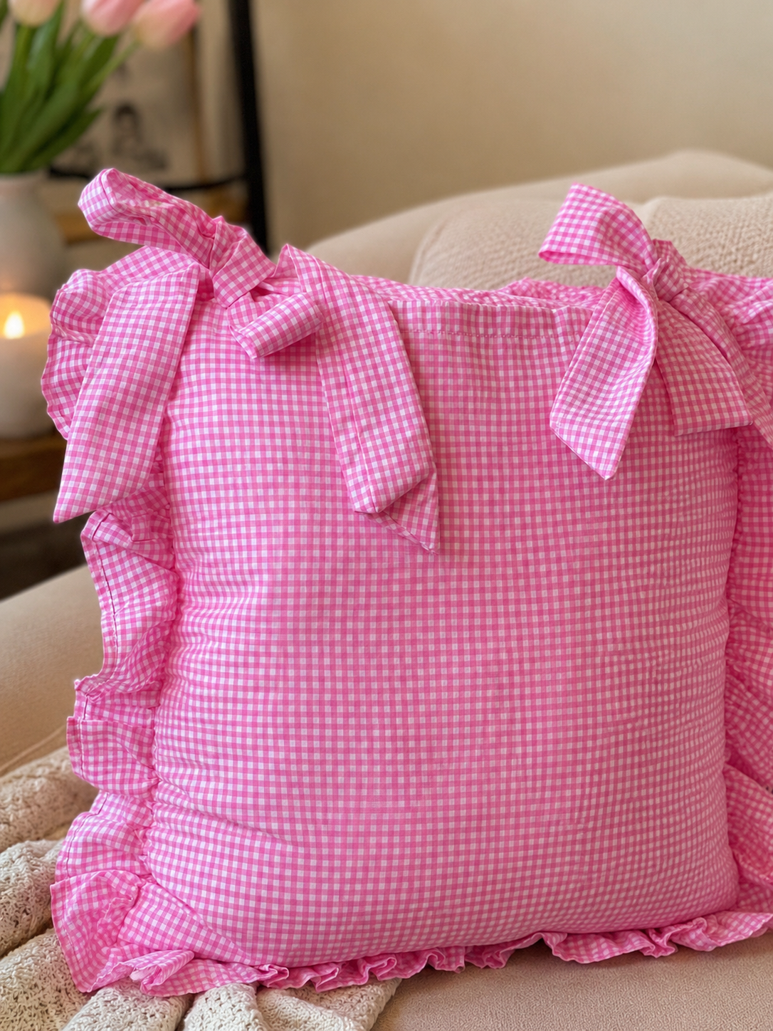 Pink Gingham Frilled Cushion