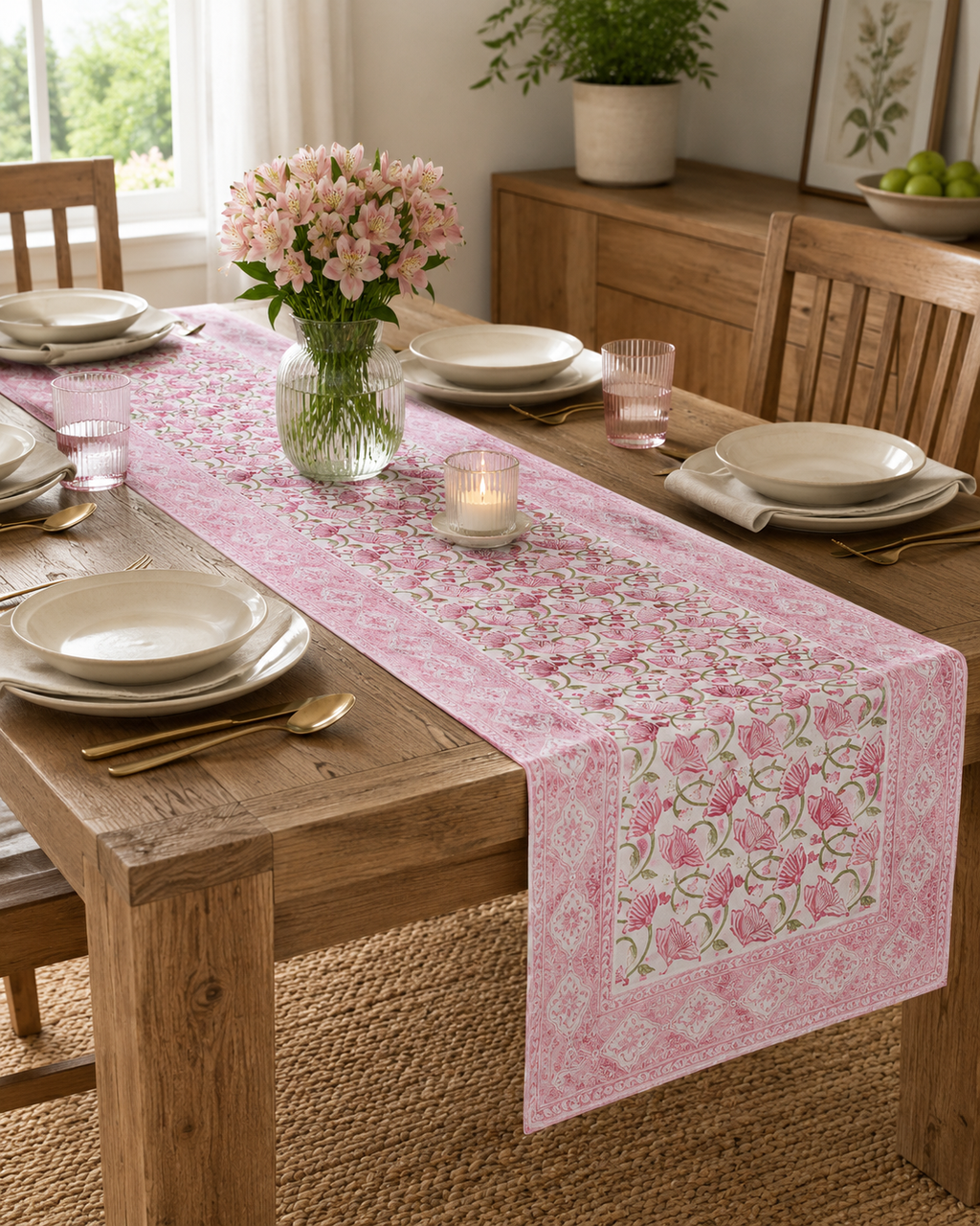 Handmade Jaipur Block Print Table Runner - Pink