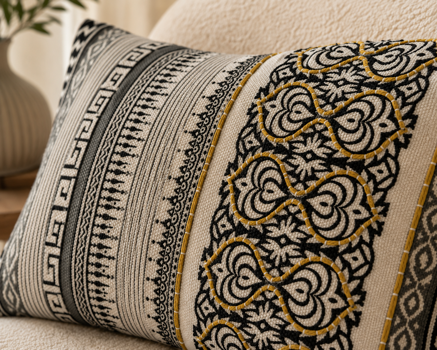 Geometric Rectangular Cushion Cover  Black & Yellow