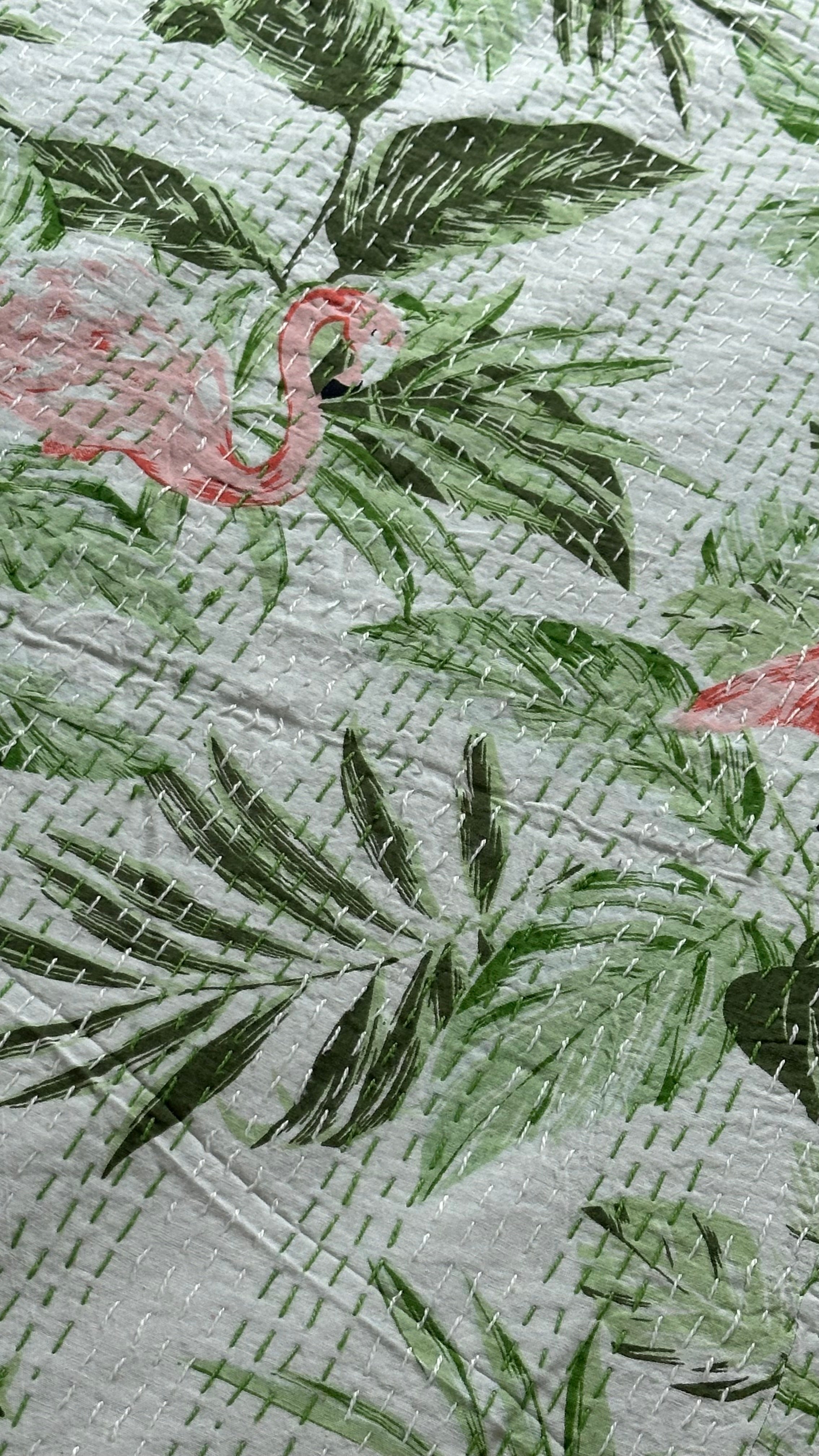 Kantha Stitched Pure Cotton Sofa or Bed Dohar - Flamingo Botanical Natural Print