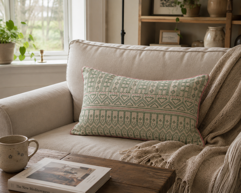 Sage Meadow Embroidered Linen Cushion Cover