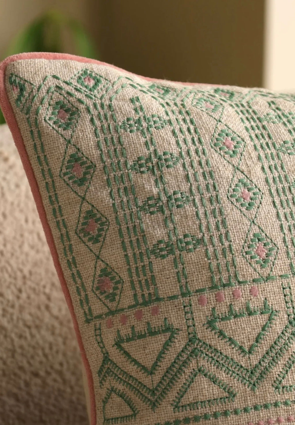 Sage Meadow Embroidered Linen Cushion Cover