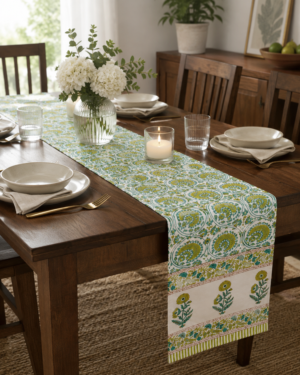 Handmade Jaipur Block Print Table Runner - Green