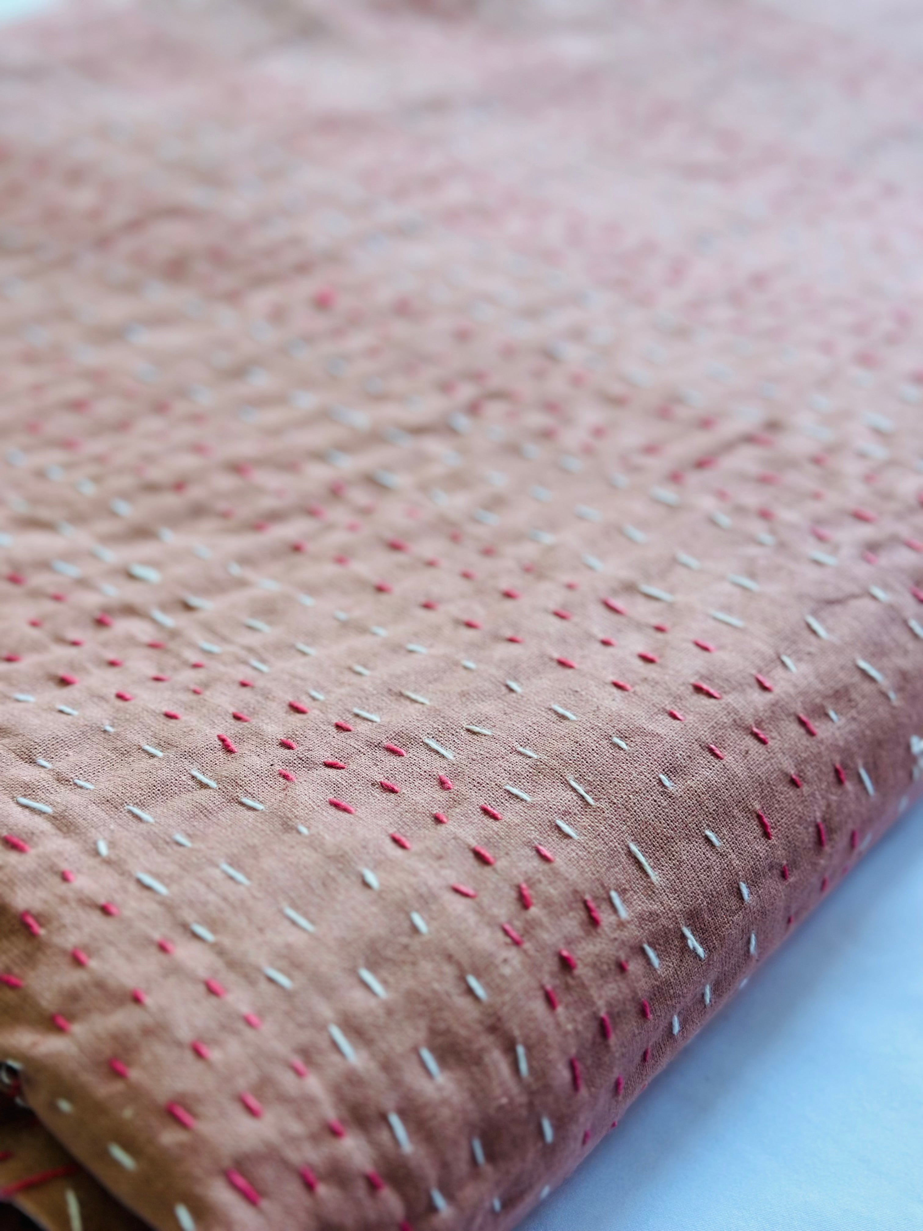 Kantha Stitch Pure Cotton Sofa or Bed throw King size Coral flower printed - Pastel