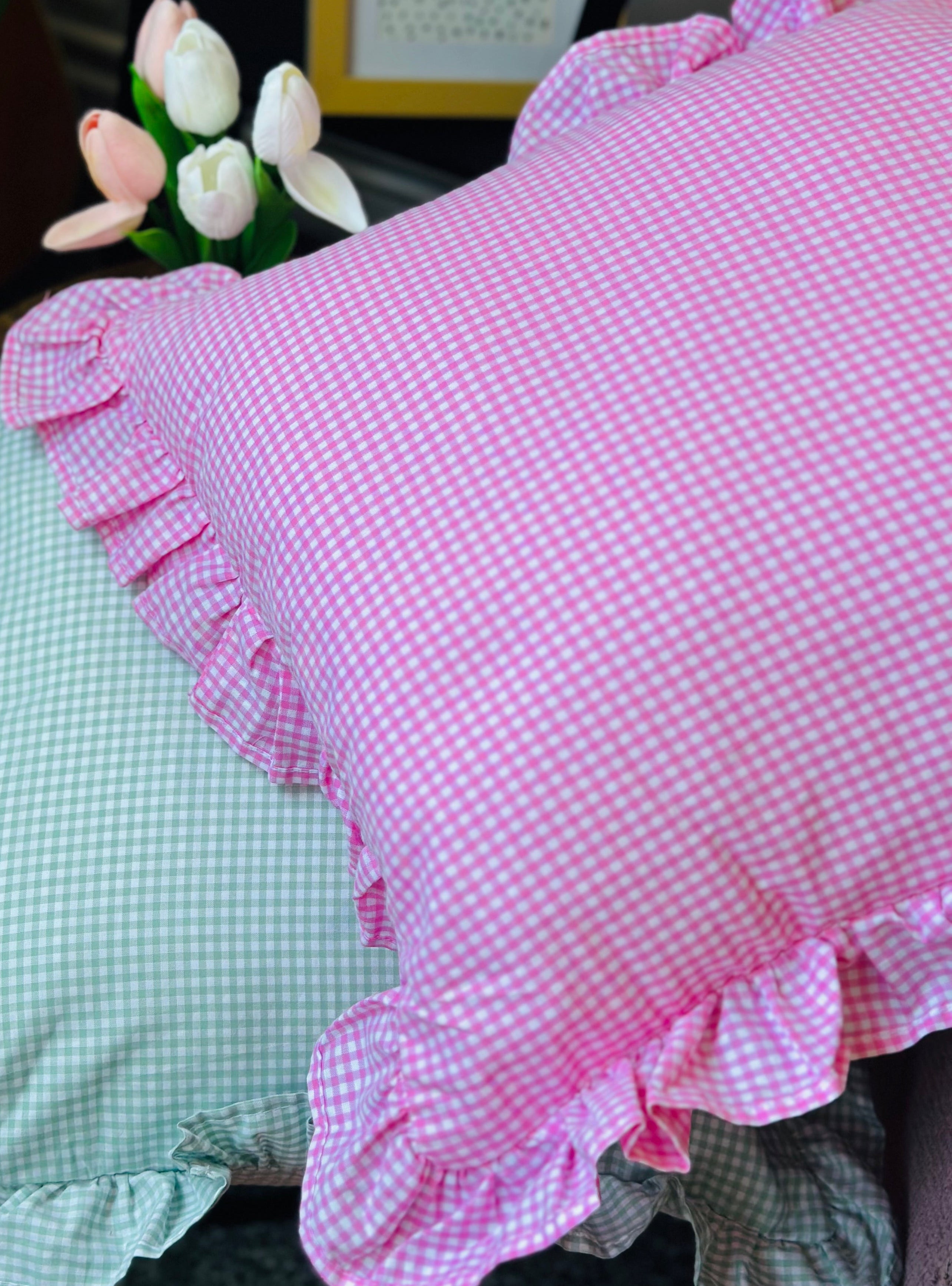 Pink Gingham Frilled Cushion