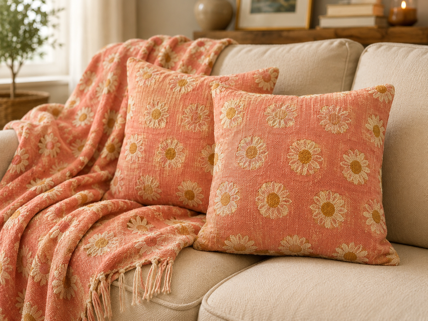 Set of 2 Daisy Cushion covers and Throw
