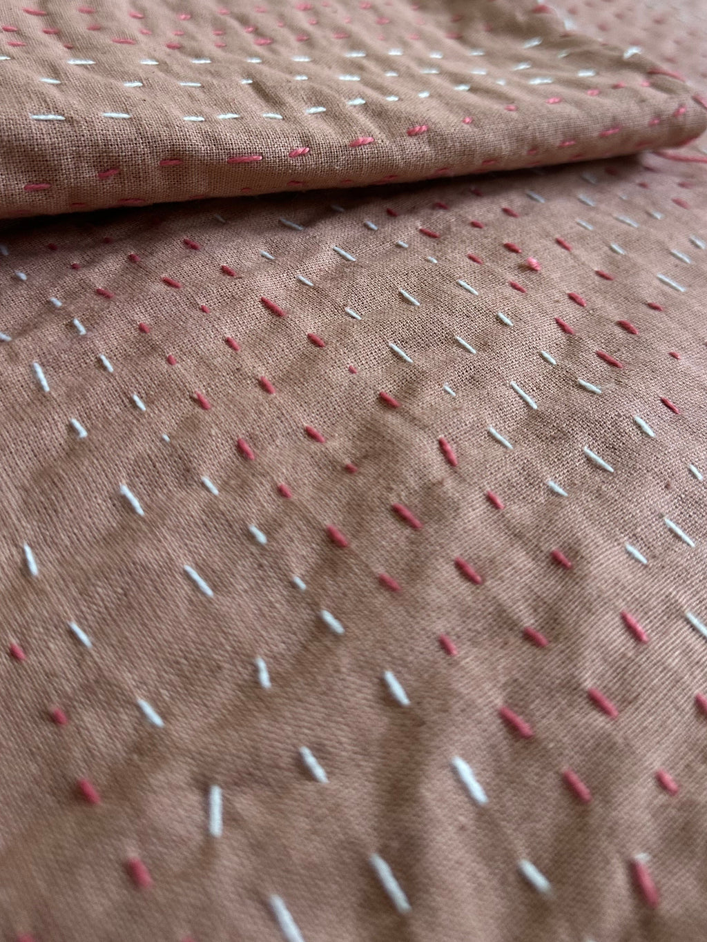 Kantha Stitch Pure Cotton Sofa or Bed throw King size Coral flower printed - Pastel