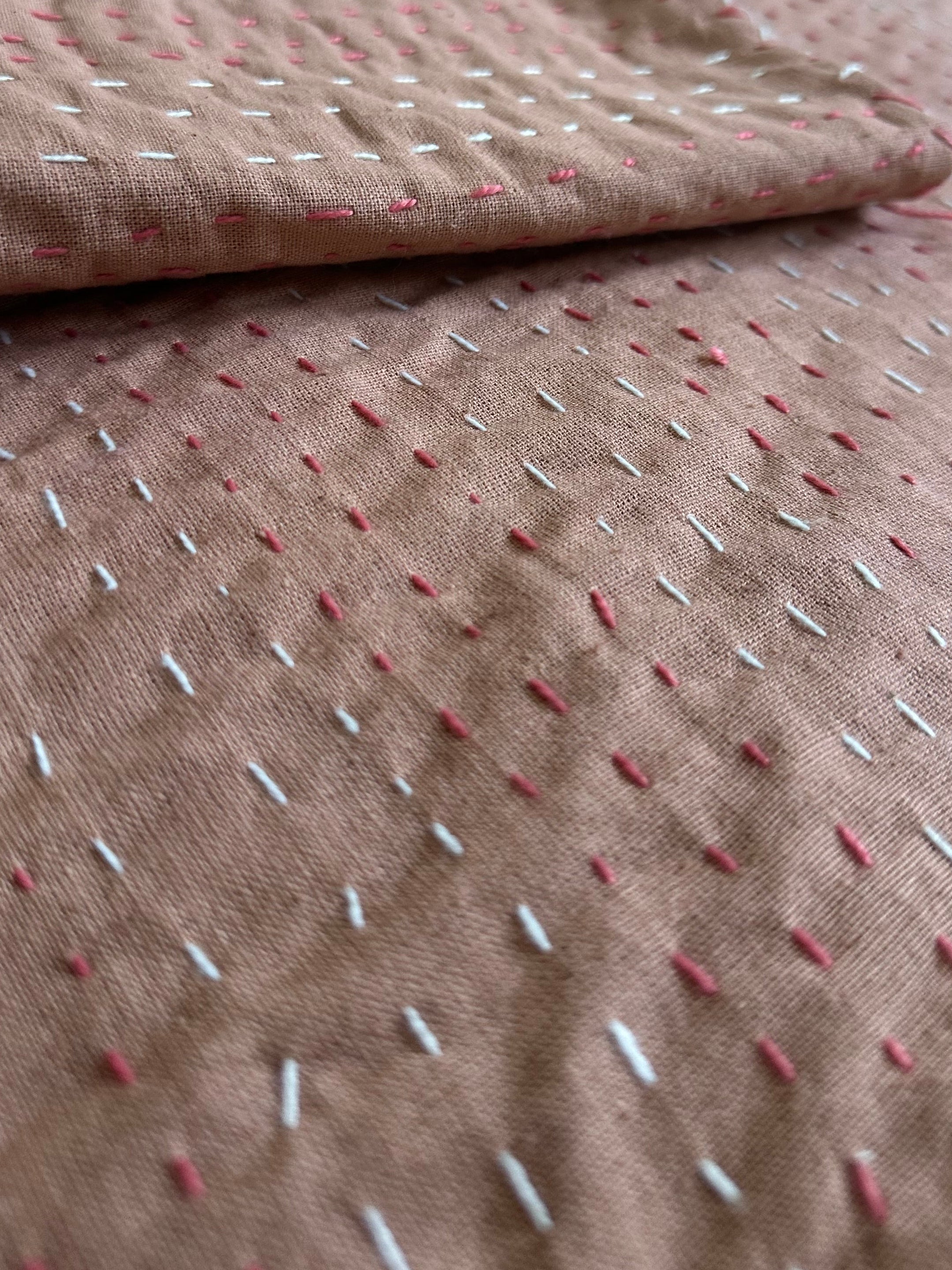 Kantha Stitch Pure Cotton Sofa or Bed throw King size Coral flower printed - Pastel