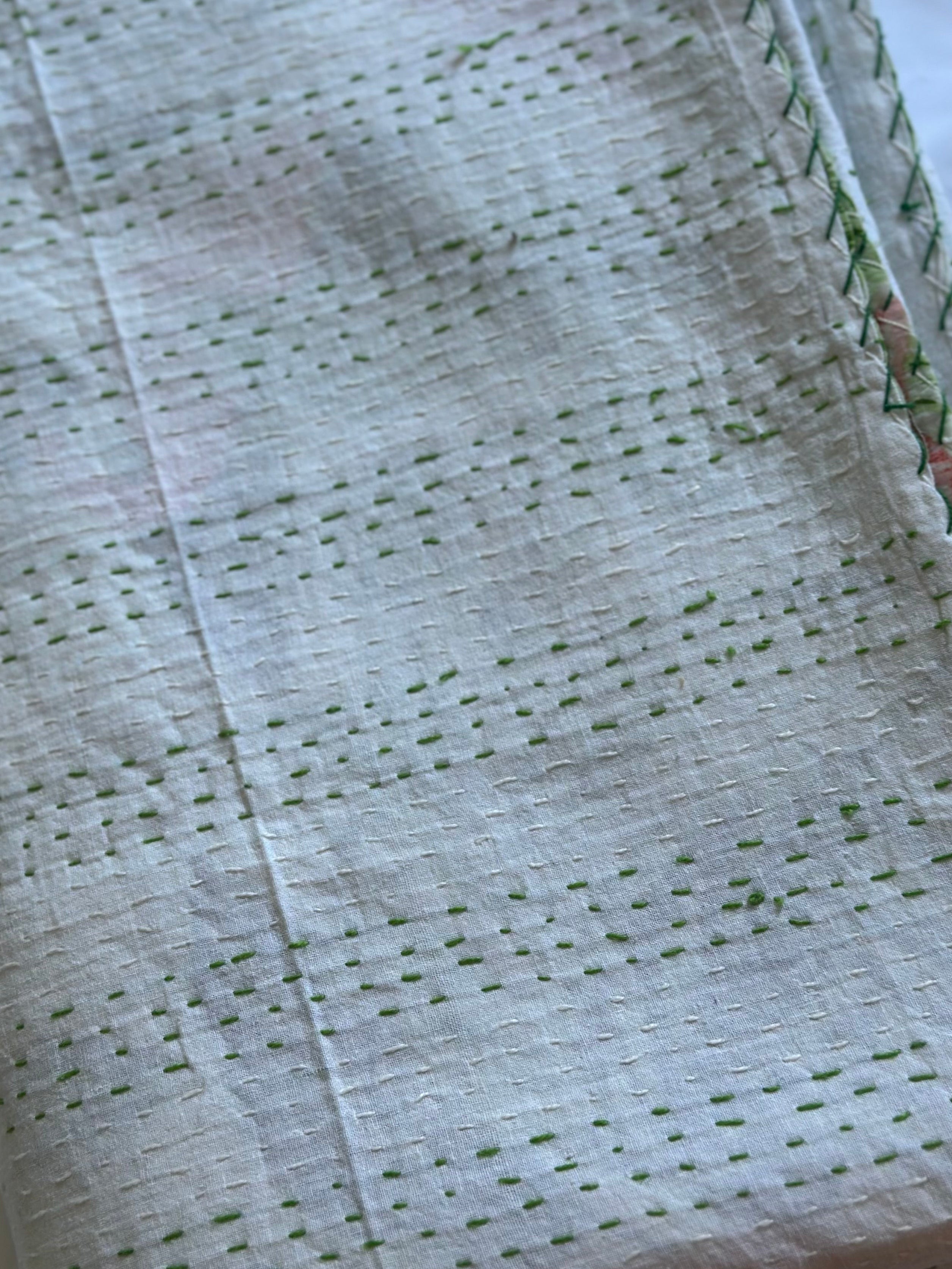 Kantha Stitched Pure Cotton Sofa or Bed Dohar - Flamingo Botanical Natural Print