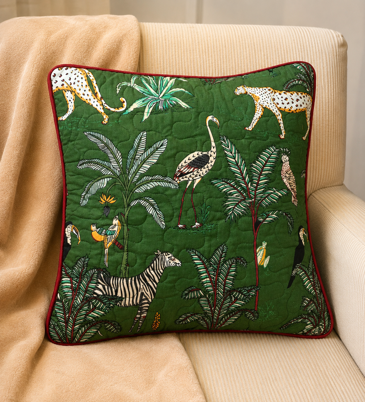 Emerald Green Qulited Jungle Safari Printed Cushion Covrer