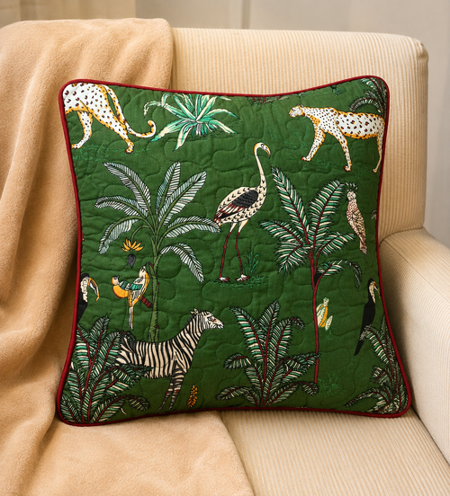 Emerald Green Qulited Jungle Safari Printed Cushion Covrer