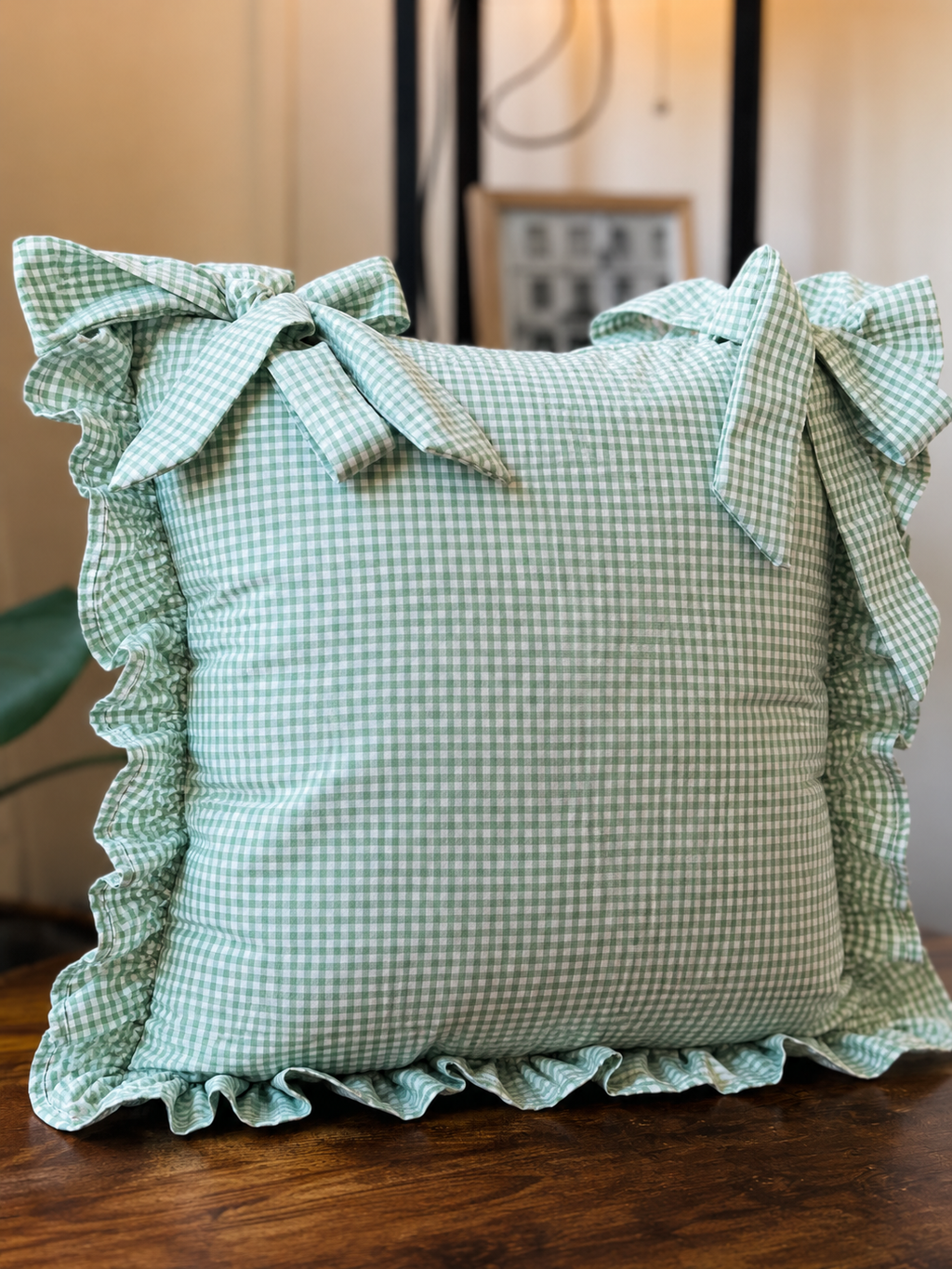 Green Gingham Frilled Cushion