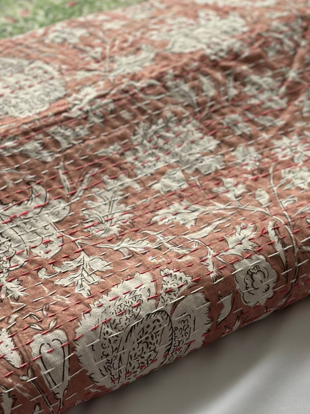 Kantha Stitch Pure Cotton Sofa or Bed throw King size Coral flower printed - Pastel