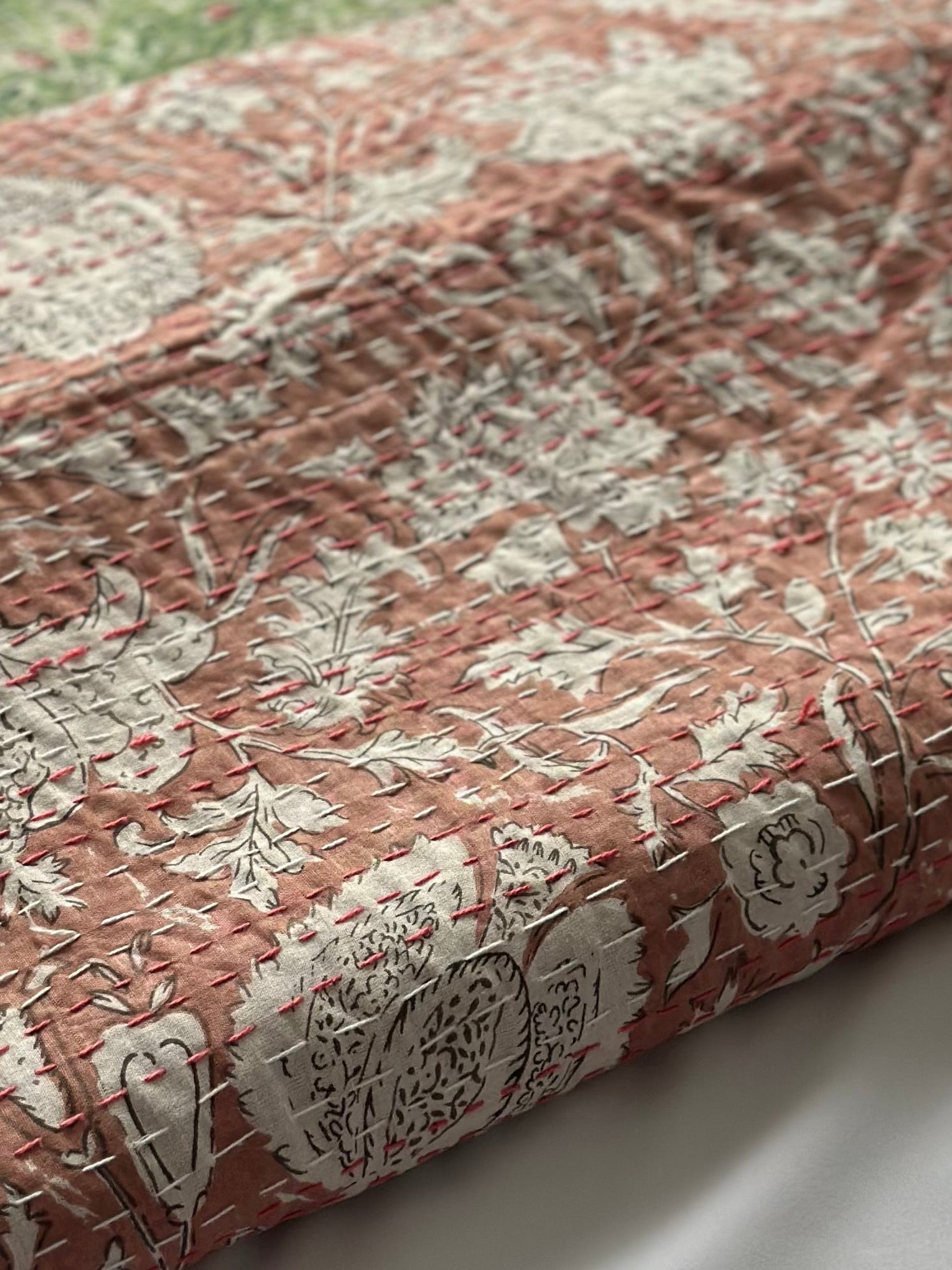 Kantha Stitch Pure Cotton Sofa or Bed throw King size Coral flower printed - Pastel