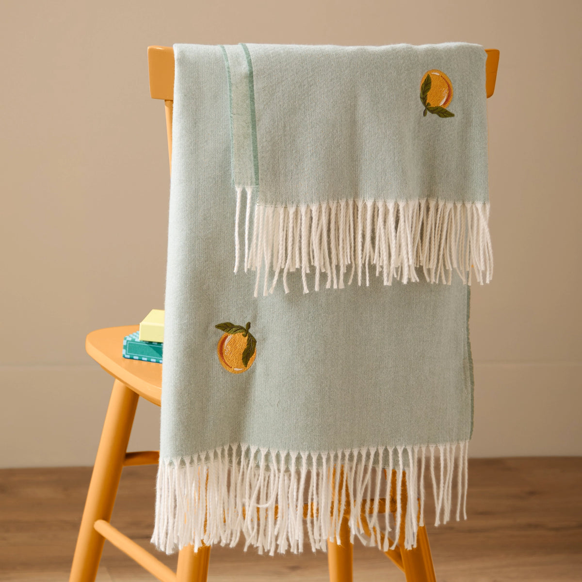 Lightweight Embroidered Throw Orange & Duck Egg