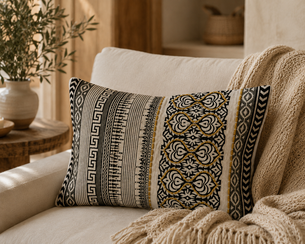 Geometric Rectangular Cushion Cover  Black & Yellow