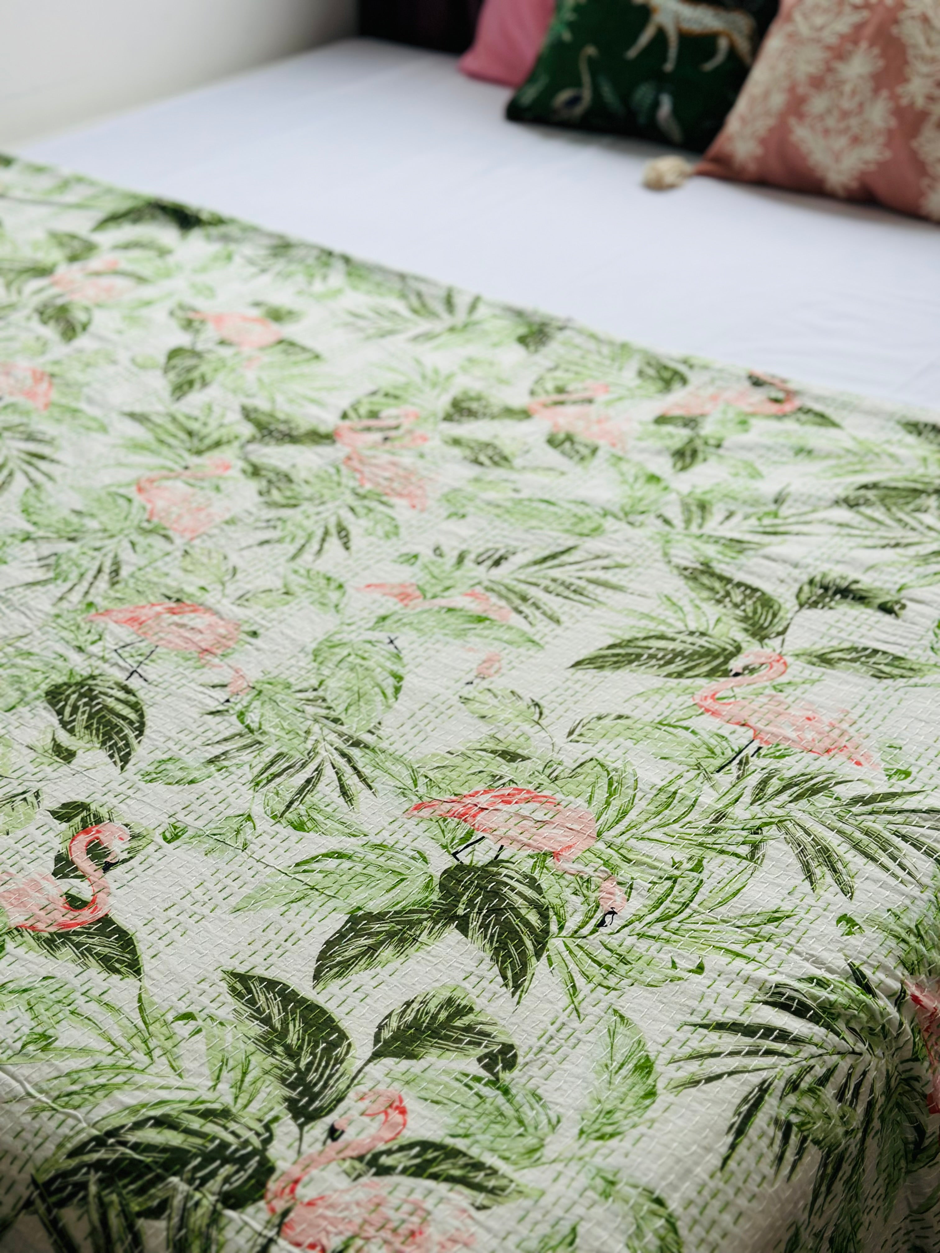 Kantha Stitched Pure Cotton Sofa or Bed Dohar - Flamingo Botanical Natural Print