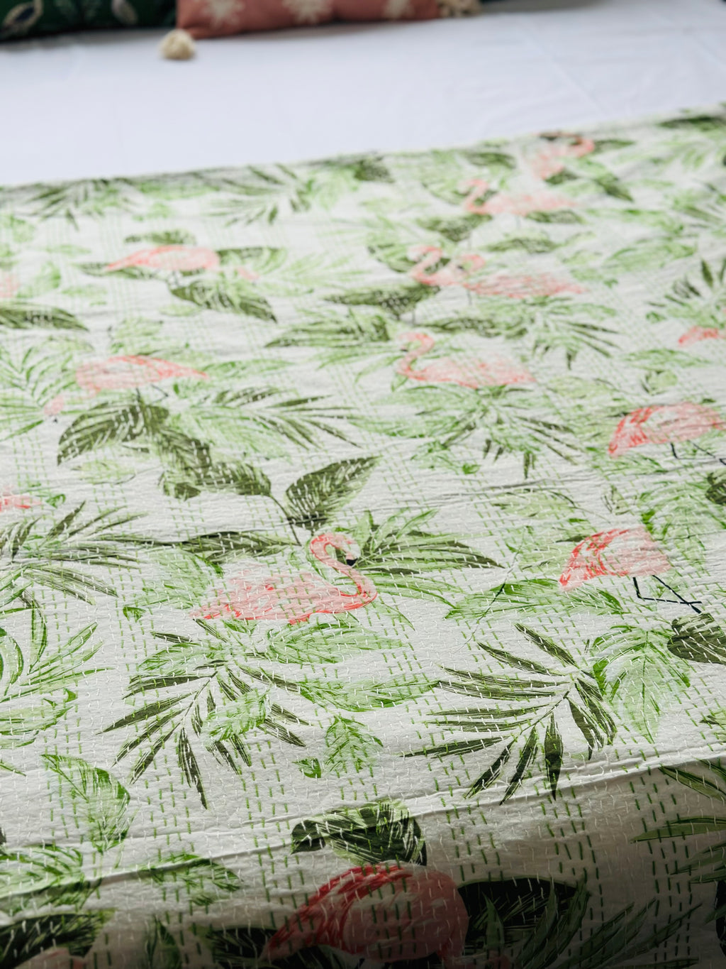 Kantha Stitched Pure Cotton Sofa or Bed Dohar - Flamingo Botanical Natural Print