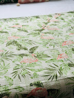 Kantha Stitched Pure Cotton Sofa or Bed Dohar - Flamingo Botanical Natural Print