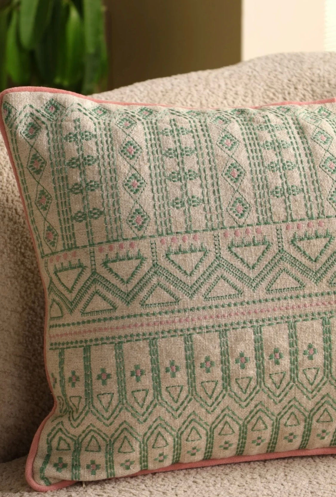 Sage Meadow Embroidered Linen Cushion Cover