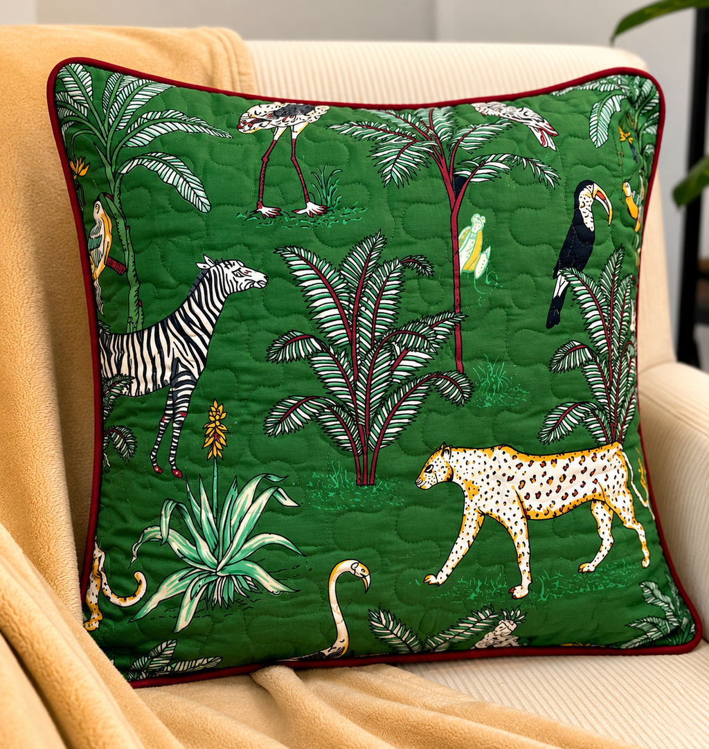 Emerald Green Qulited Jungle Safari Printed Cushion Covrer