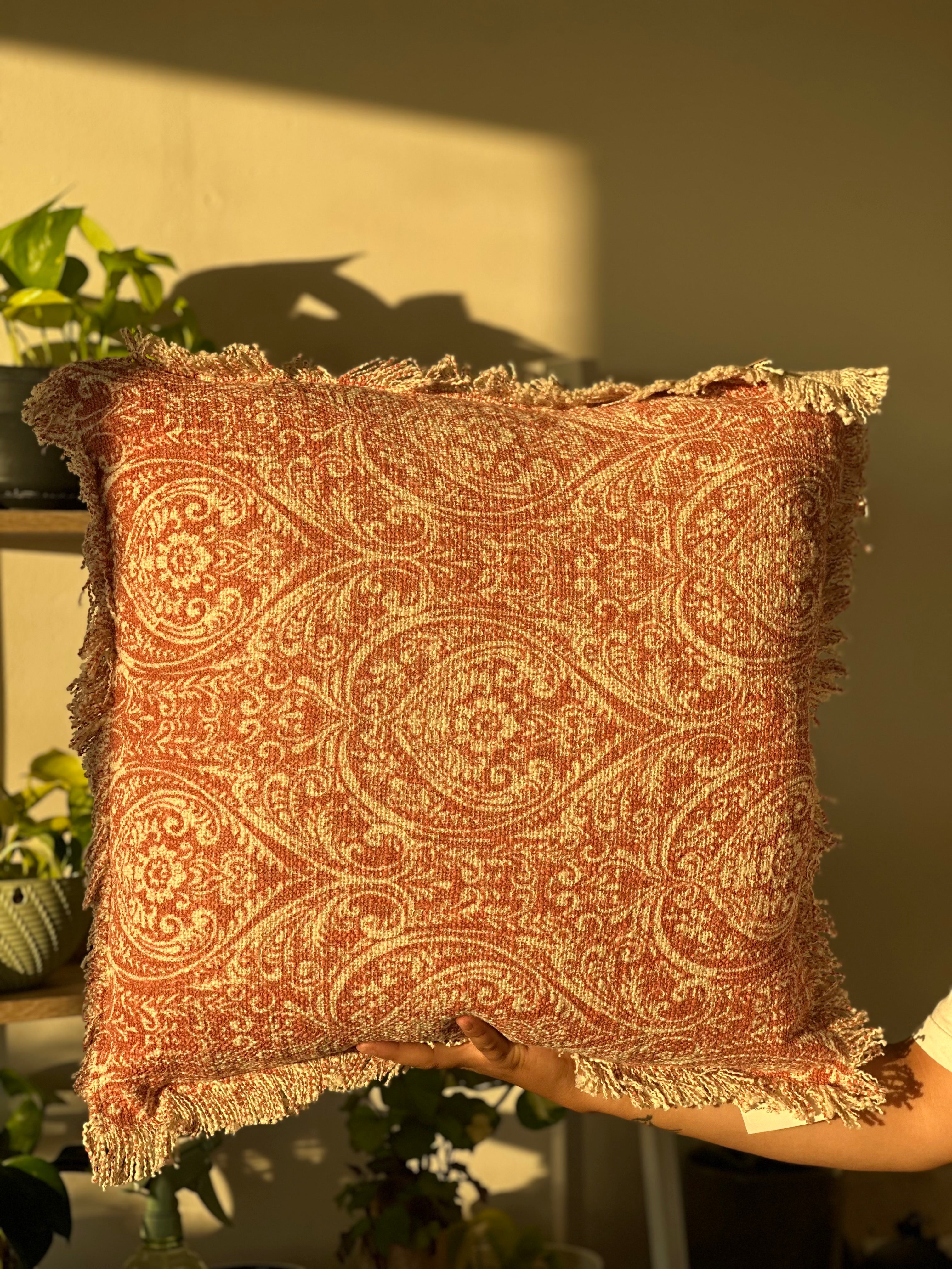Durelle Damask Fringed Cushion Coral