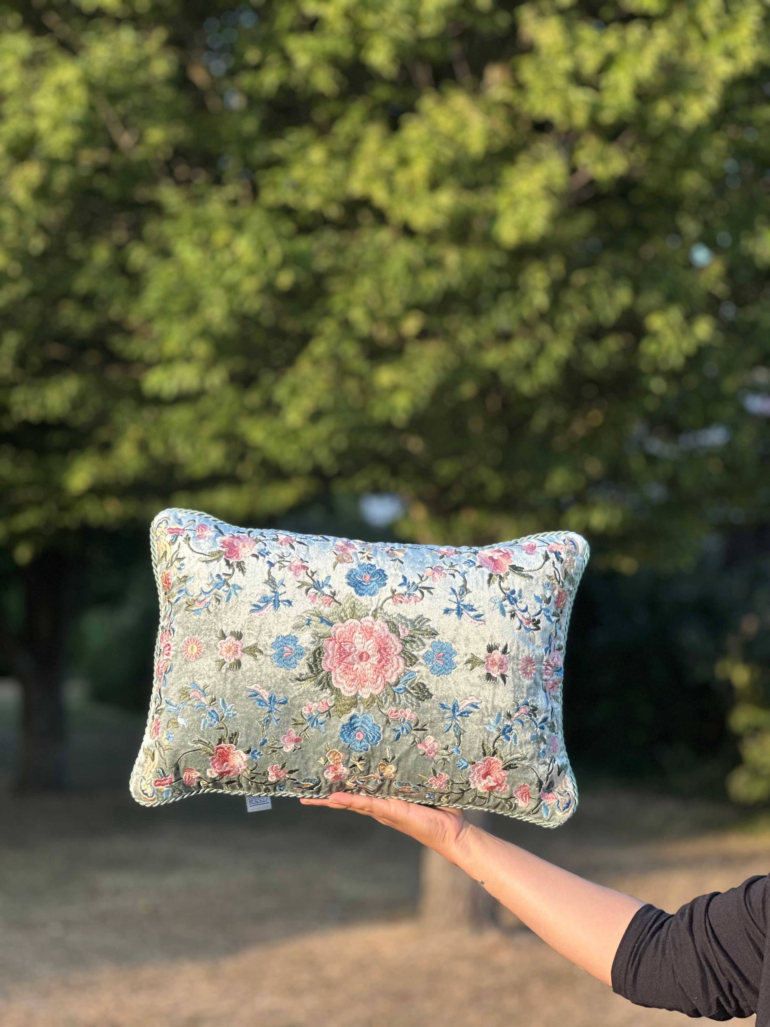 Luxury Embroidered Velvet Floral Cushion