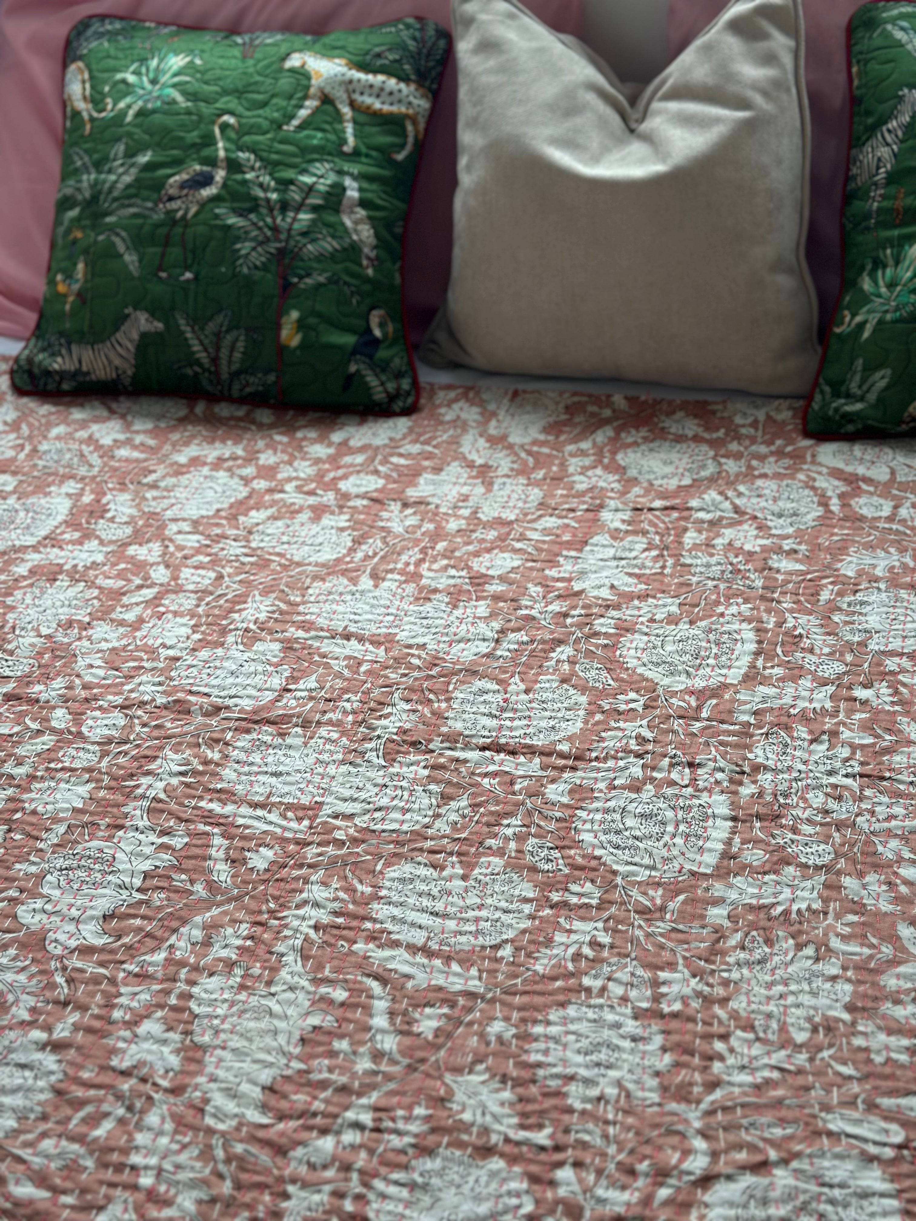 Kantha Stitch Pure Cotton Sofa or Bed throw King size Coral flower printed - Pastel