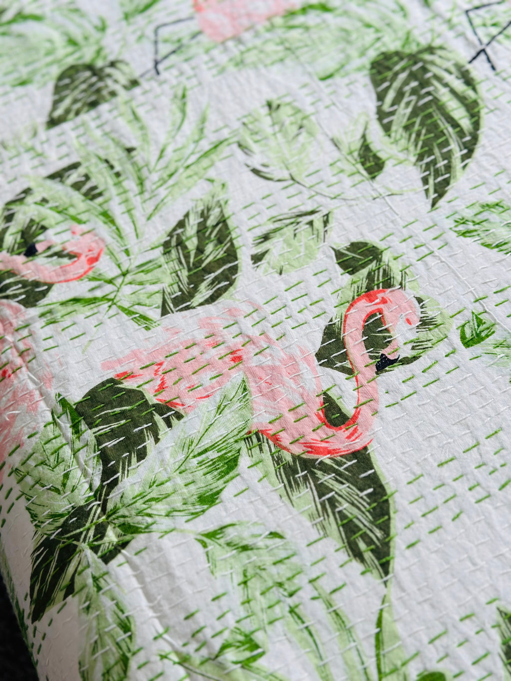 Kantha Stitched Pure Cotton Sofa or Bed Dohar - Flamingo Botanical Natural Print