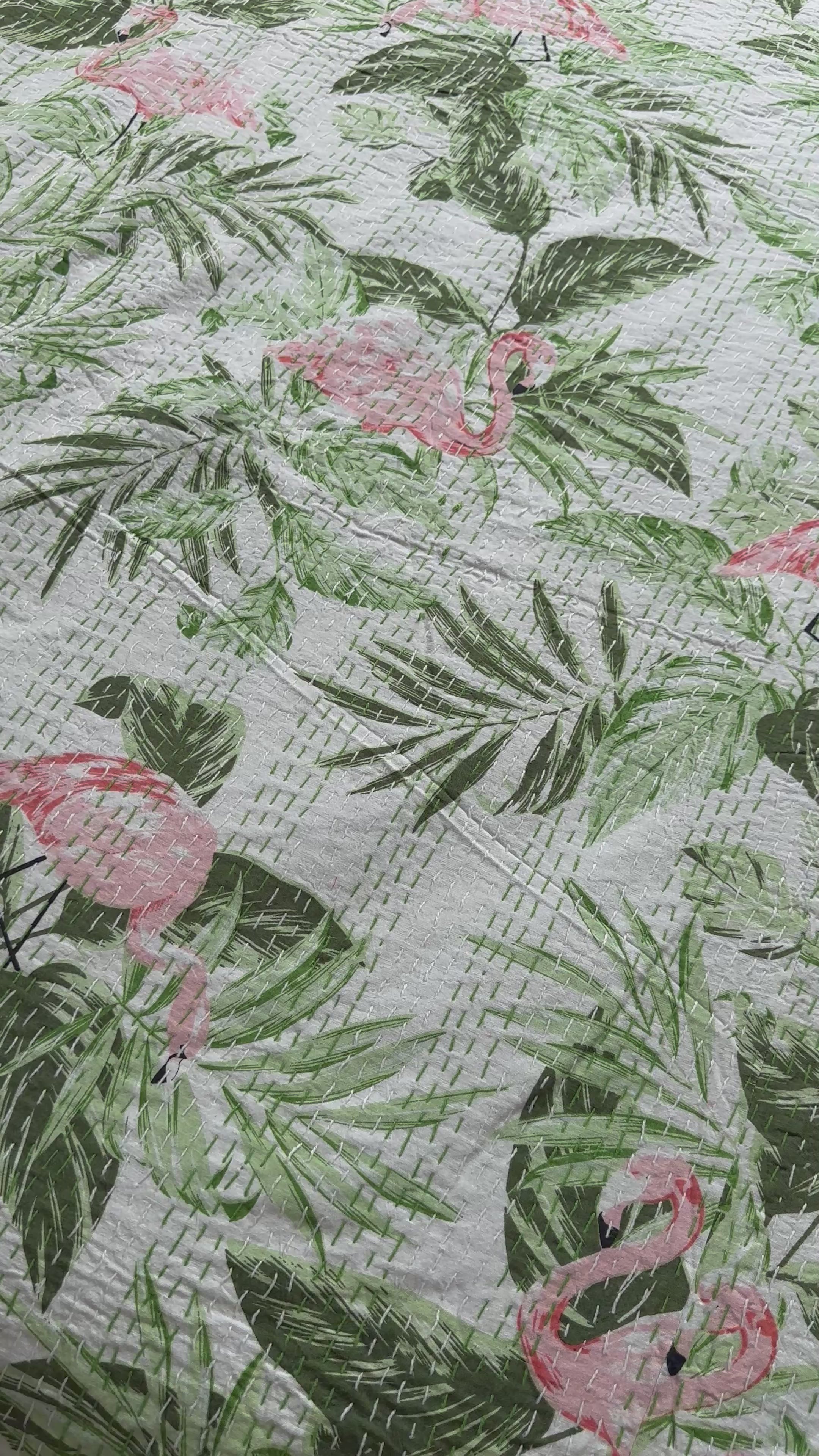 Kantha Stitched Pure Cotton Sofa or Bed Dohar - Flamingo Botanical Natural Print