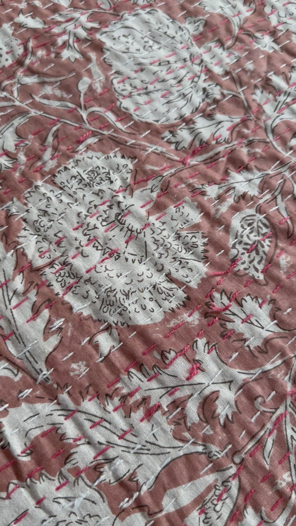 Kantha Stitch Pure Cotton Sofa or Bed throw King size Coral flower printed - Pastel