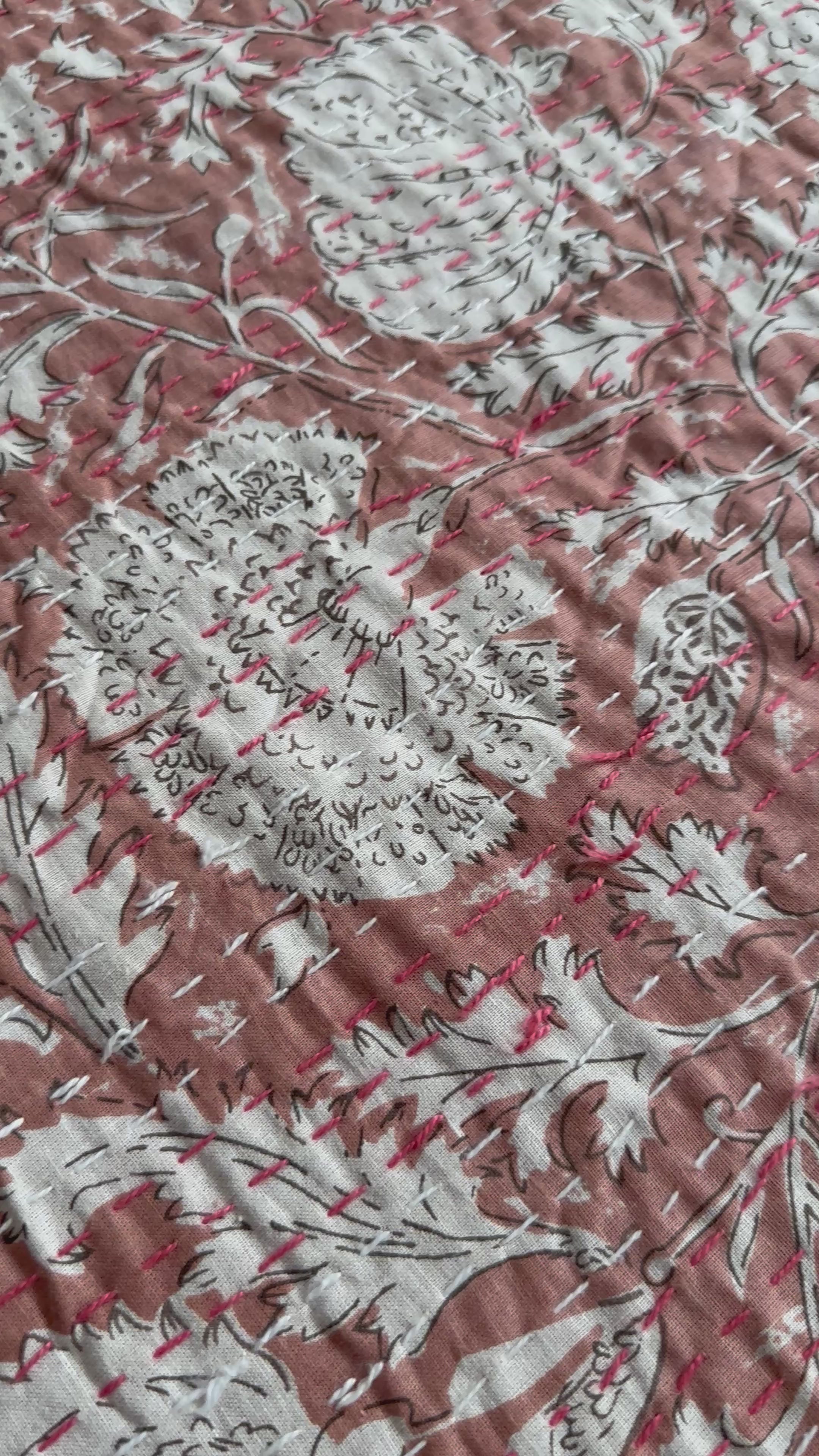 Kantha Stitch Pure Cotton Sofa or Bed throw King size Coral flower printed - Pastel