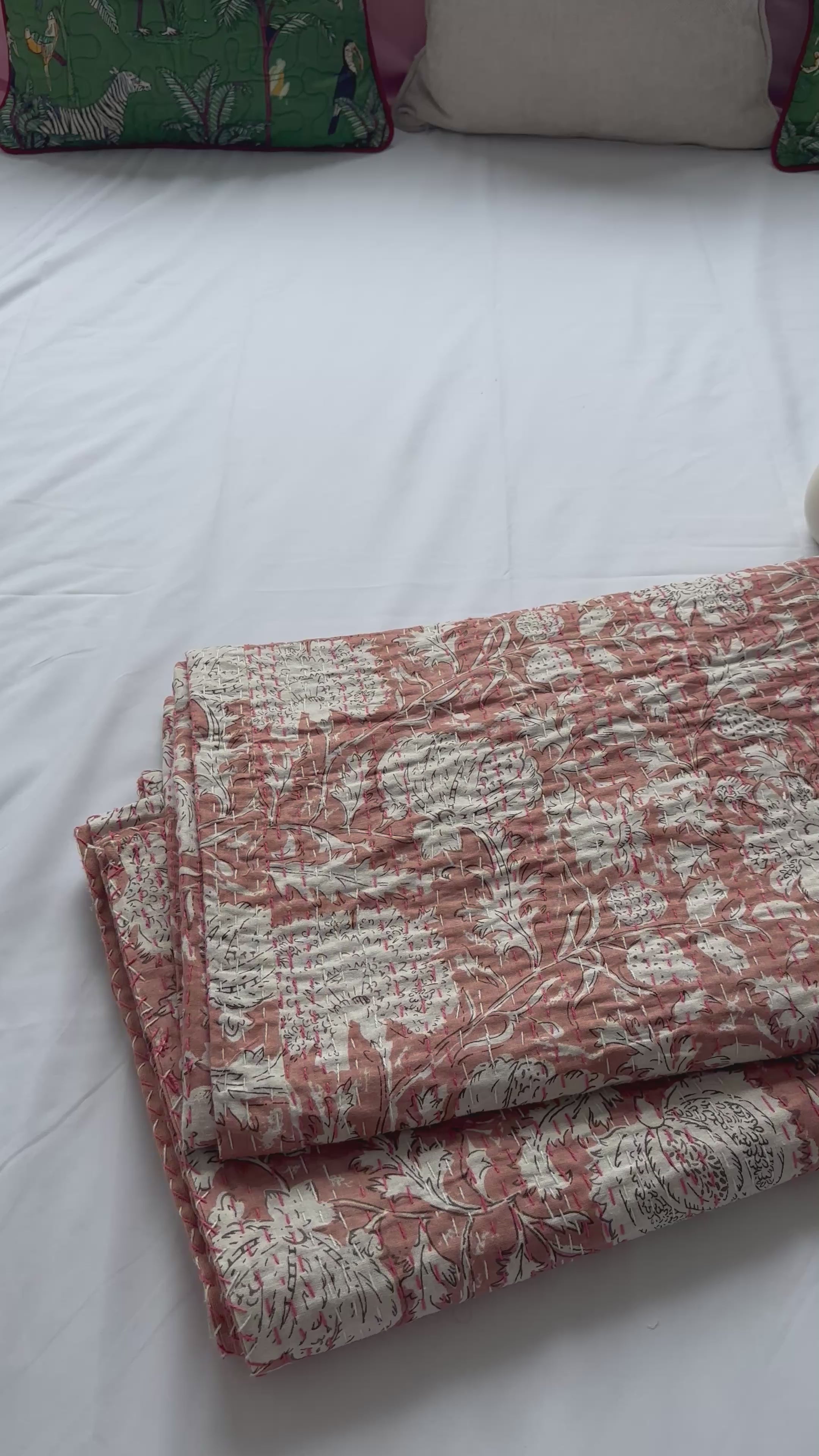 Kantha Stitch Pure Cotton Sofa or Bed throw King size Coral flower printed - Pastel